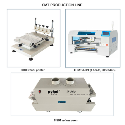 Piccole linee SMT 60 alimentatori 4 teste CHMT560P4 SMT P&amp;P Machine / Reflow Oven T961 / Solder Paste Printer 3040