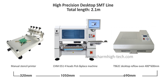 Alta precisione 0201 Desktop PCB assembly line 4 heads CHM-551 SMD Pick and Place Machine Reflow Oven T962C